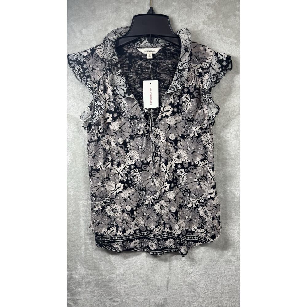 Lucky Brand NEW Womens Top S Multicolor Floral Flutter Short Sleeve V-Neck Tie